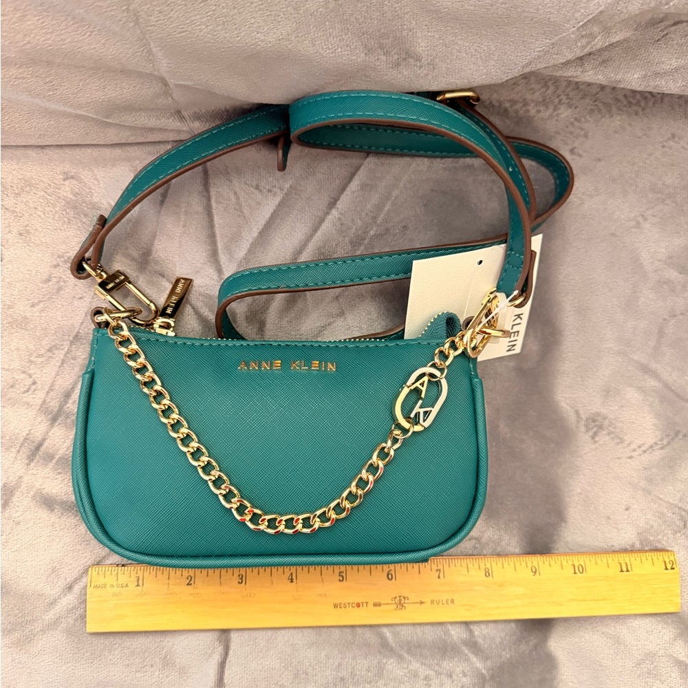 NWT Anne Klein Mini Teal/Green Crossbody with Gold Chain Detail - Picture 3 of 9